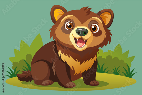 a bear sitting in the grass with a green background, comical photoa bear cub vector illustration photo
