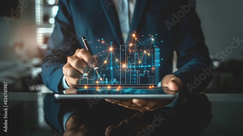 Hand holding virtual infographic house on tablet. Created with Generative AI