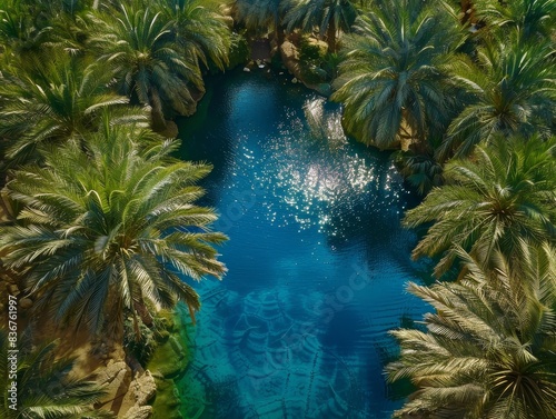  A lush oasis in the middle of a vast desert  with date palms surrounding a sparkling blue pond.