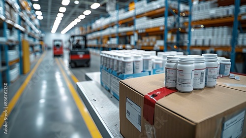 Loading area of a pharmaceutical plant, crates and boxes filled with pills, forklifts in the background