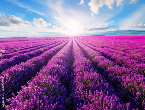  Endless rows of vibrant purple lavender stretching towards the horizon under a clear  sunny sky. 