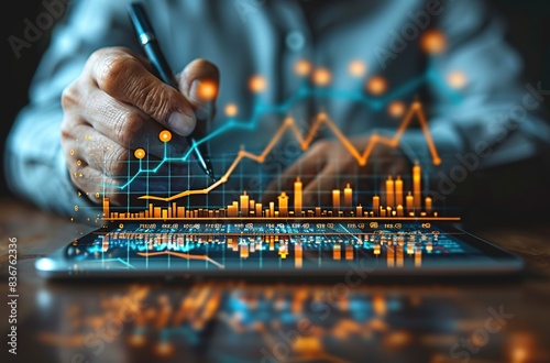 Hand holding virtual infographic house on tablet. Created with Generative AI