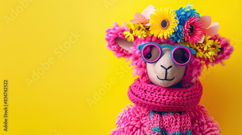 A sheep with rainbow colored hair and sunglasses on its face.  Generative AI © anna