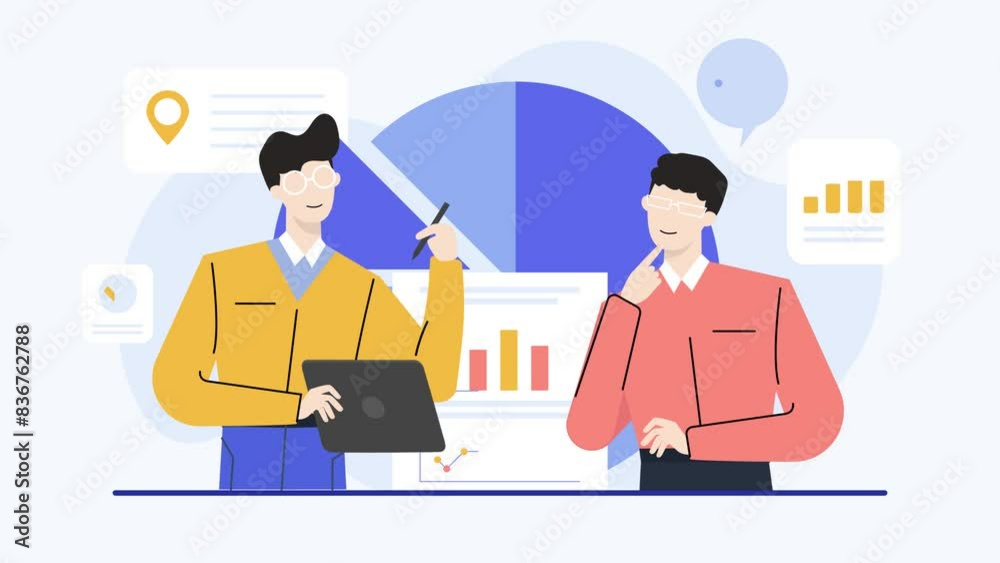 teamwork analyzing income and investment. business animated illustration. business animation video teamwork analyzing income and investment. business animated illustration. business animation video