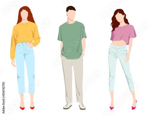 1492_Vector fashion illustration of two young beautiful women and young man