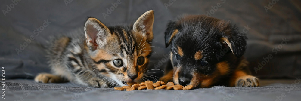 A close-up of a kitten and puppy sharing food on an isolated solid background, placed in the corner A close-up of a kitten and puppy sharing food on an isolated solid background, placed in the corner