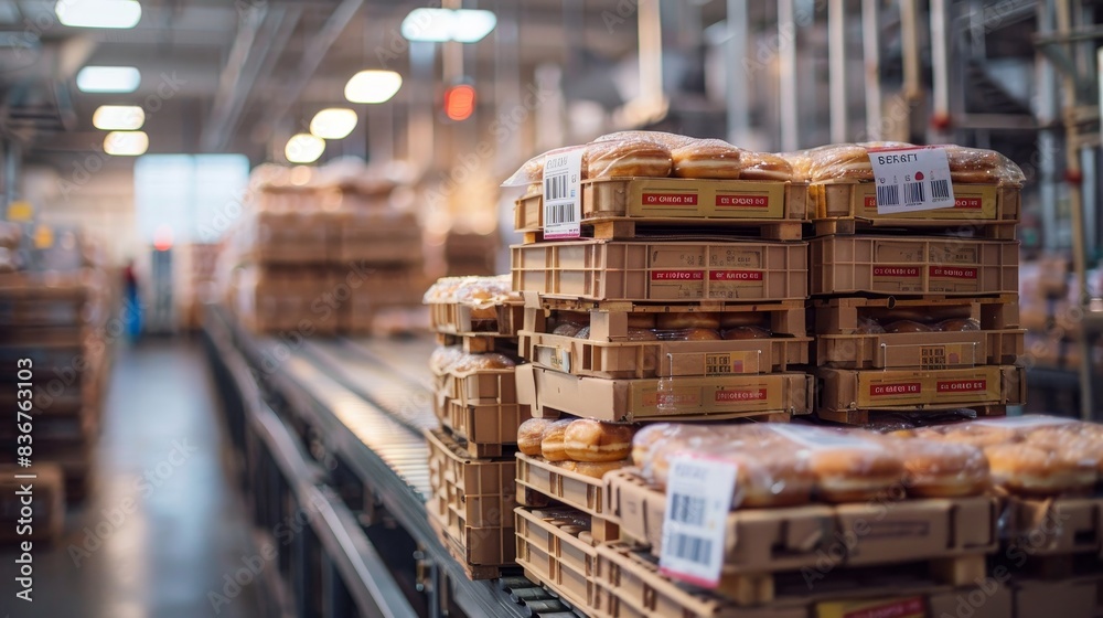 Industrial setting with stacked crates of donuts, barcodes visible, ready for loading onto a truck Industrial setting with stacked crates of donuts, barcodes visible, ready for loading onto a truck