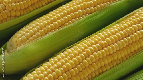 Corn cob. Rotating background of fresh corn, close up.