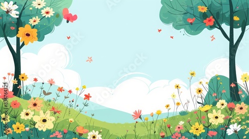 A cartoon image of a spring landscape with a meadow, hills, flowers, and trees.