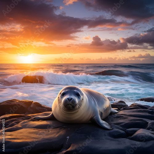 A Hawaiian monk seal resting on a rocky shore, with waves crashing behind it and a serene sunset lighting the scene photo