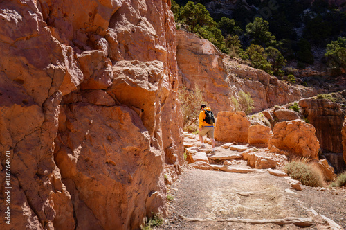 Young man hiking from river to canyon rim. Grand Canyon National Park. Arizona.