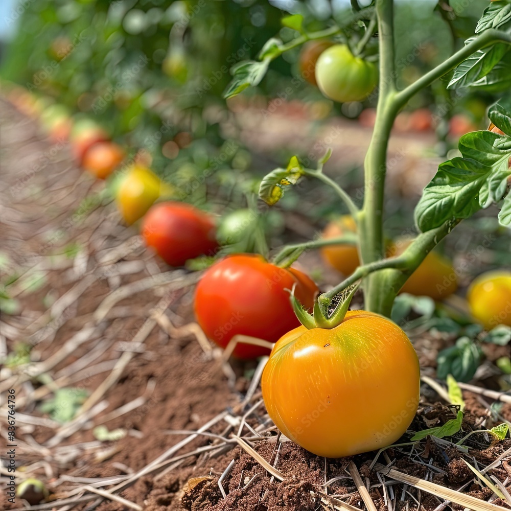 Bountiful Tomato Plants in an Open Field Featuring a Vibrant Mix of Yellow-Orange and Bright Red Fruits with Neatly Bunded Roots and Brown Mulch Bountiful Tomato Plants in an Open Field Featuring a Vibrant Mix of Yellow-Orange and Bright Red Fruits with Neatly Bunded Roots and Brown Mulch