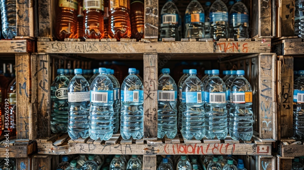 Detailed view of packed crates containing water bottles, with shipping labels and barcodes visible, in a storage area Detailed view of packed crates containing water bottles, with shipping labels and barcodes visible, in a storage area