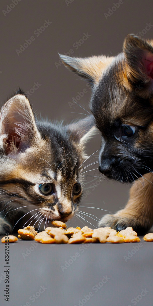 A close-up of a kitten and puppy sharing food on an isolated solid background, placed in the corner A close-up of a kitten and puppy sharing food on an isolated solid background, placed in the corner
