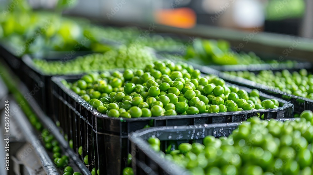 Freshly harvested green peas in open crates, lined up on a conveyor belt for shipment Freshly harvested green peas in open crates, lined up on a conveyor belt for shipment