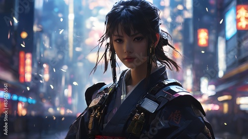 A character clad in futuristic armor stands in a neon-lit cityscape at night, evoking a cyberpunk vibe. 