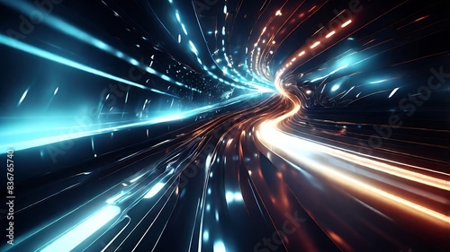 The image captures the essence of speed and technology with light trails zooming through a tunnel