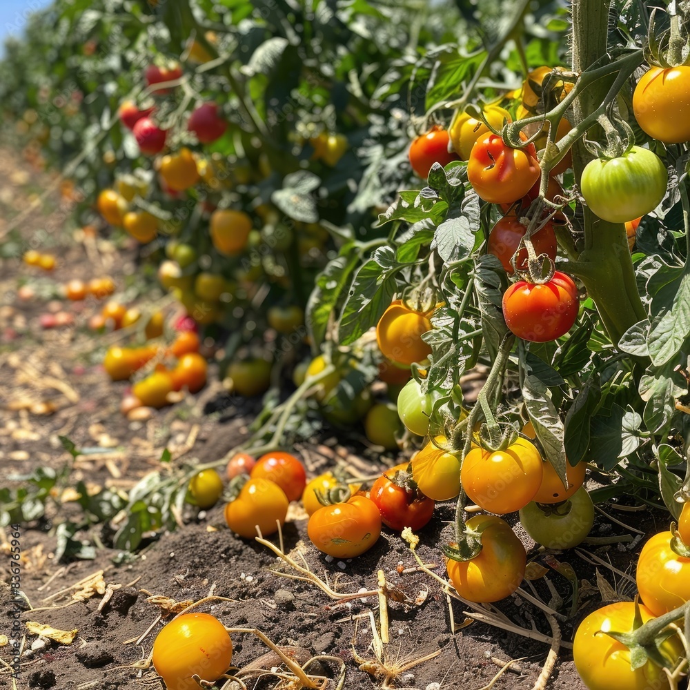 Bountiful Tomato Plants in an Open Field Featuring a Vibrant Mix of Yellow-Orange and Bright Red Fruits with Neatly Bunded Roots and Brown Mulch Bountiful Tomato Plants in an Open Field Featuring a Vibrant Mix of Yellow-Orange and Bright Red Fruits with Neatly Bunded Roots and Brown Mulch