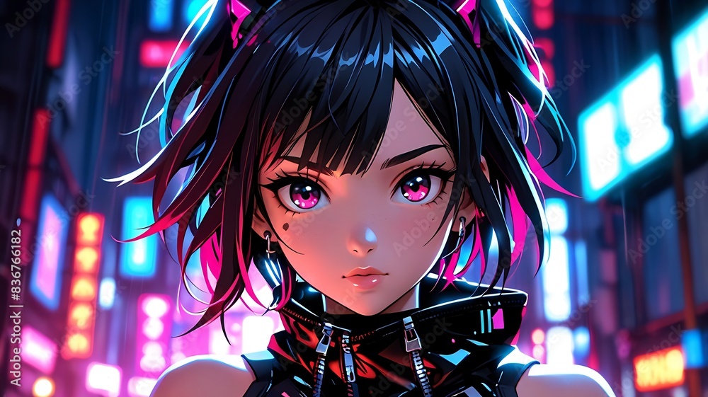 A character with cyberpunk attire stands against a neon-lit cityscape A character with cyberpunk attire stands against a neon-lit cityscape