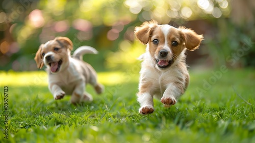 Two adorable puppies running on a green lawn with a blurred background. Perfect for pet-themed content and joyful moments. © NEW