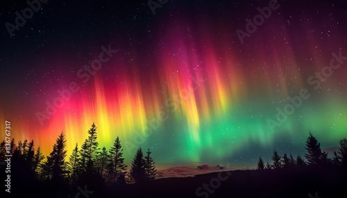 Vibrant Northern Lights over a silhouetted forest landscape with colorful night sky  showcasing nature s mesmerizing aurora borealis phenomenon.
