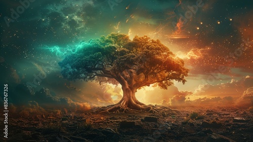 Ancient tree growing in a barren land, its roots and branches spreading colorful, transformative energy, symbolizing creativity's role in revitalization