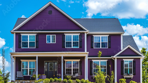 An elegant eggplant purple house with siding and shutters makes a sophisticated statement in the suburban landscape, its deep hue contrasting beautifully with the azure sky above on a sunny day. © alishba Lishay