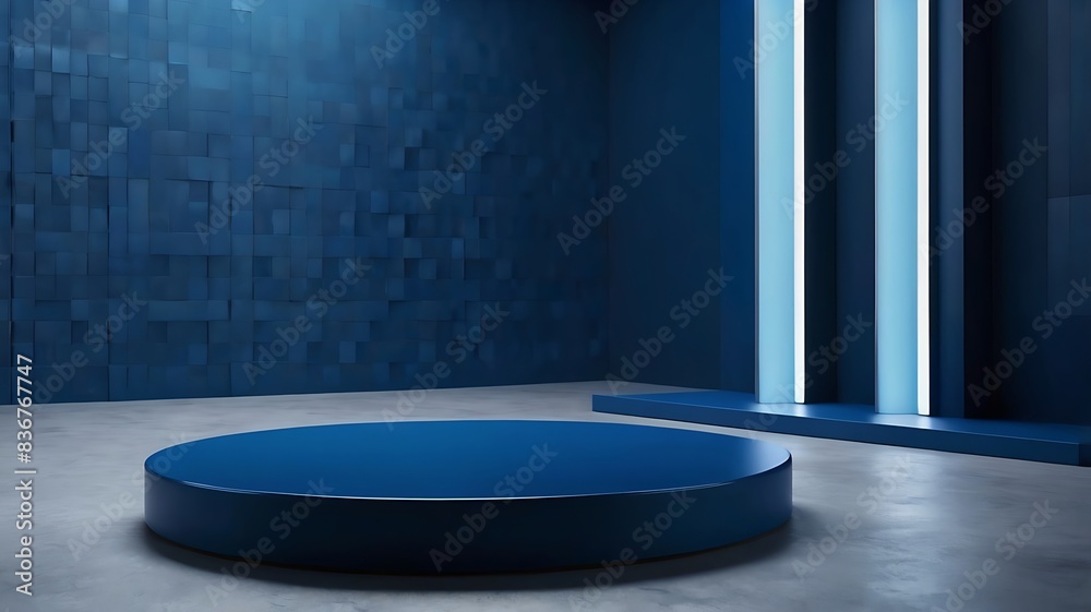 A sleek modern presentation space with a blue circular platform and dynamic lighting A sleek modern presentation space with a blue circular platform and dynamic lighting