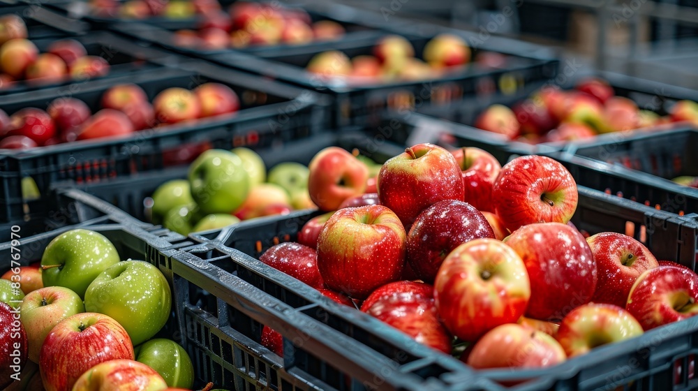 Crates brimming with shiny red and green apples, arranged for dispatch in a cool storage facility Crates brimming with shiny red and green apples, arranged for dispatch in a cool storage facility