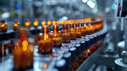 Automation in Pharmaceutical Industry Manufacturing Assembly Line for Bottles, Quality Control, and Industrial Process Optimization
 photo