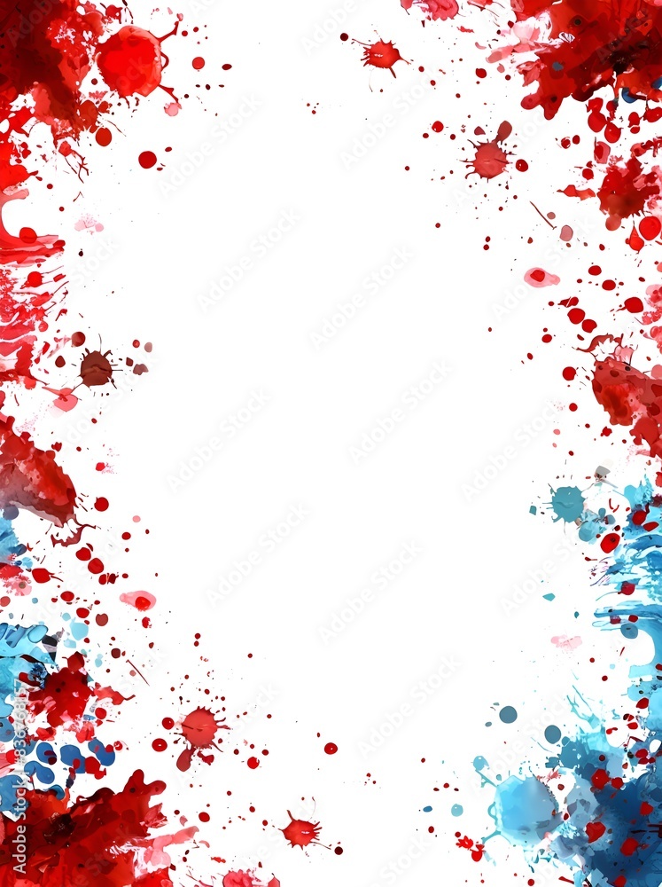 A red, blue, and white frame with splatters of paint. The splatters are in various sizes and are scattered throughout the frame A red, blue, and white frame with splatters of paint. The splatters are in various sizes and are scattered throughout the frame