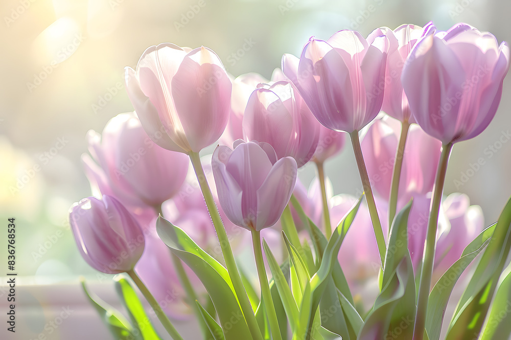 Fototapeta premium Bouquet of lavender tulips, graceful petals glowing in the soft light of dawn. Captivating floral display