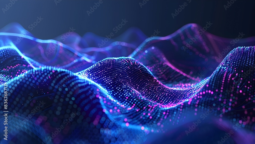 3D render of an abstract futuristic background with blue and purple glowing dots forming a mountain landscape
3D render of an abstract futuristic background with blue and purple glowing dots forming a mountain landscape