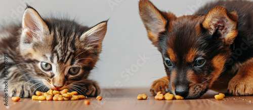 A close-up of a kitten and puppy eating food on an isolated solid background, placed on the corner of the image © Noreen