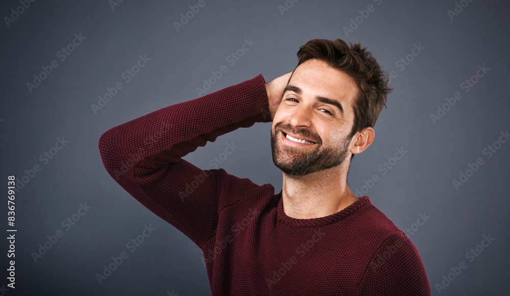 Studio, proud and confidence of man, face and mockup space for fashion, jersey and calm in clothes. Gray background, portrait and happiness, smile and cheerful in organic cotton in winter of Canada Studio, proud and confidence of man, face and mockup space for fashion, jersey and calm in clothes. Gray background, portrait and happiness, smile and cheerful in organic cotton in winter of Canada