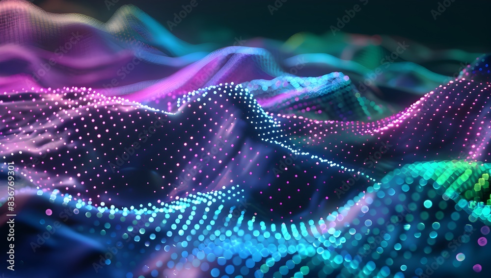 Abstract background with blue and purple gradient dots in the form of landscape with small particles on a dark background
Abstract background with blue and purple gradient dots in the form of landscape with small particles on a dark background