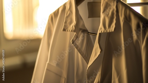 Pharmacist's lab coat on a hanger, close-up, foggy with no humans, dim twilight