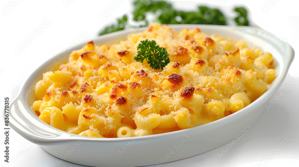 Front view fragrant mac and cheese with white background and spotlight for advertise and presentation. Created using generative AI. Front view fragrant mac and cheese with white background and spotlight for advertise and presentation. Created using generative AI.