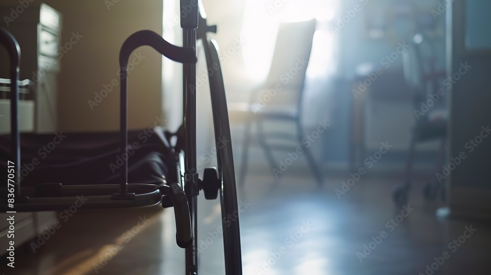 Close-up of a walker in a senior care room, foggy, no humans, soft focus, dim light Close-up of a walker in a senior care room, foggy, no humans, soft focus, dim light
