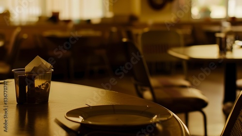 Dining hall place setting in a senior facility, close-up, foggy with no humans, dim twilight 