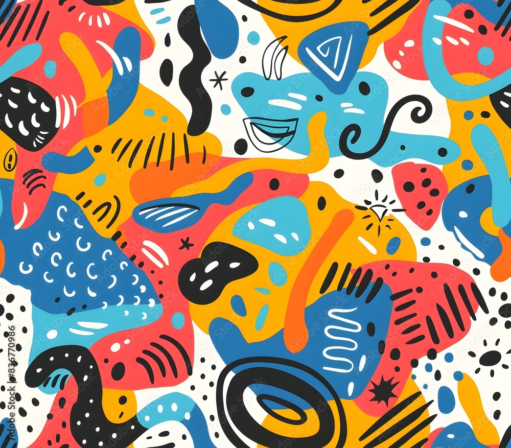 Colorful Doodle Style Seamless Abstract Pattern with Vibrant Freeform Shapes and Playful Expressions Colorful Doodle Style Seamless Abstract Pattern with Vibrant Freeform Shapes and Playful Expressions