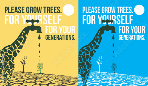 giraffe in the sky, save water, grow tree