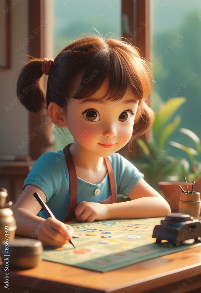 there is a little girl that is sitting at a table with a pencil there is a little girl that is sitting at a table with a pencil