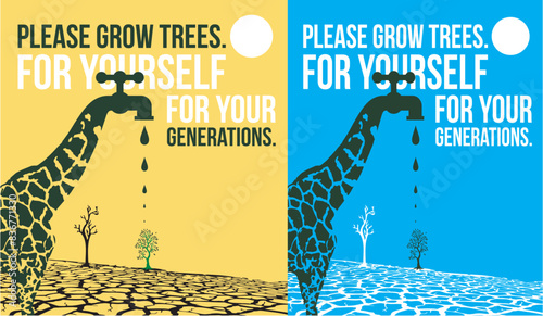 giraffe in the sky, save water, grow tree
