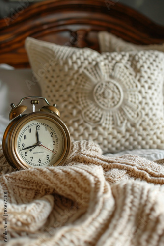 Closeup of alarm clock on bed with pillow and blanket, depicting bedtime or waking up concept.