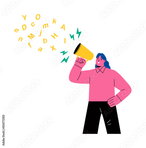 Business woman with megaphone and shout with alphabet letters. Flat vector illustration isolated on white background