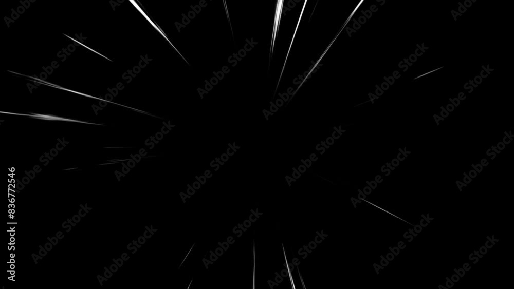 4K abstract radial speed lines concept background. Horizontal light speed texture. Black motion backdrop for anime or manga style. Modern graphic design. Template effect for editing video.