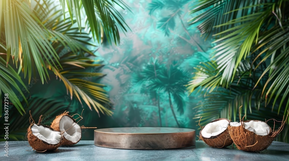 Obraz premium Sleek metal stand with a tropical backdrop of palm trees and coconuts copy space, Tropical Holiday, minimalist
