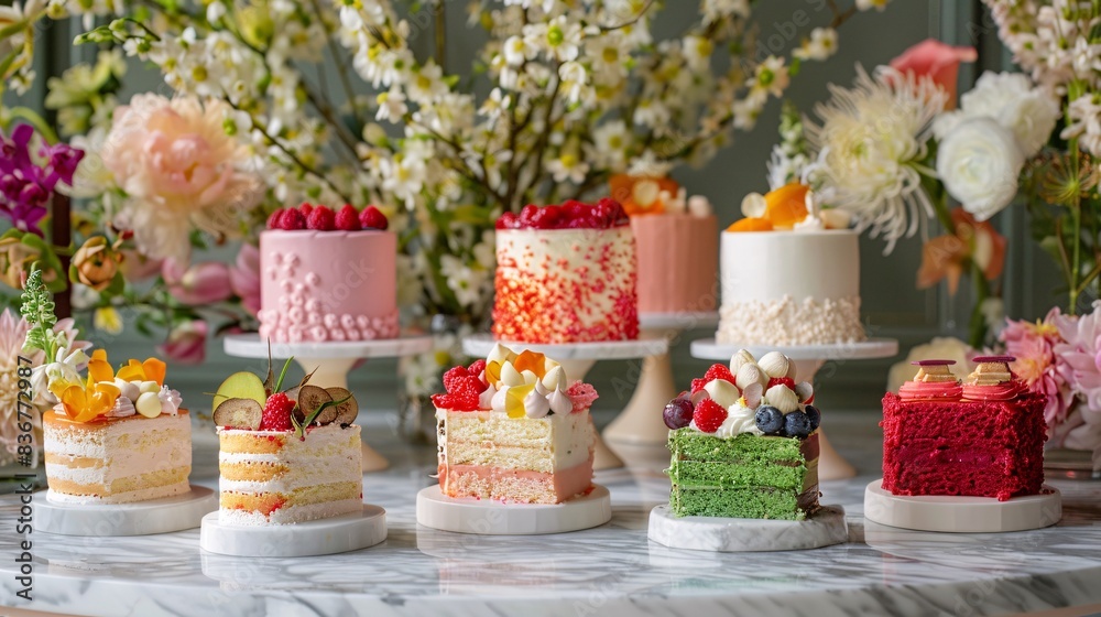 Assorted mini cakes in various flavors like lemon, red velvet, and matcha, artfully placed on a marble counter with a backdrop of delicate floral arrangements Assorted mini cakes in various flavors like lemon, red velvet, and matcha, artfully placed on a marble counter with a backdrop of delicate floral arrangements