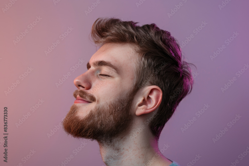 Fototapeta premium A close up of a man with beard and closed eyes looking to a side